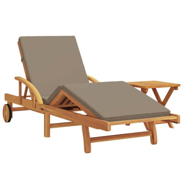 Sonnenliege mit Kissen und Tisch Taupe Massivholz Akazie, Faltbare Sonnenliege mit Rädern und Kissen Taupe Massivholz Akazie