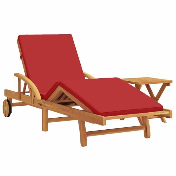 Sonnenliege mit Kissen und Tisch aus rotem Akazienholz, Faltliege mit Rädern & Kissen aus rotem Akazienholz