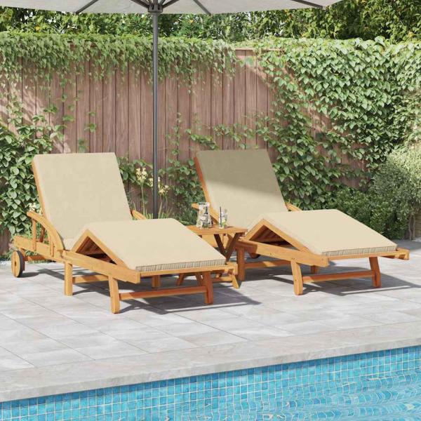 ARDEBO.de - Sonnenliegen 2 Stk mit Kissen und Tisch Beige Massivholz Akazie, Klappbare Sonnenliege mit Rollen & Kissen Beige Massivholz Akazie