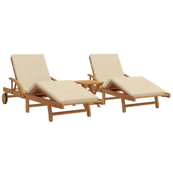Sonnenliegen 2 Stk mit Kissen und Tisch Beige Massivholz Akazie, Klappbare Sonnenliege mit Rollen & Kissen Beige Massivholz Akazie