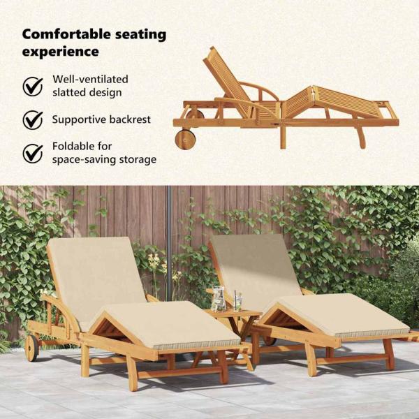 Sonnenliegen 2 Stk mit Kissen und Tisch Beige Massivholz Akazie, Klappbare Sonnenliege mit Rollen & Kissen Beige Massivholz Akazie