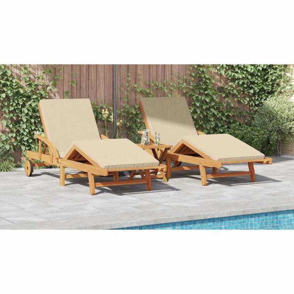 Sonnenliegen 2 Stk mit Kissen und Tisch Beige Massivholz Akazie, Klappbare Sonnenliege mit Rollen & Kissen Beige Massivholz Akazie