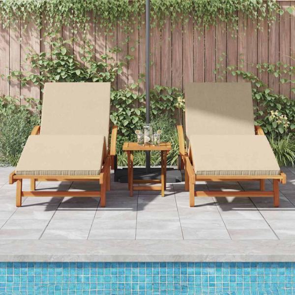 Sonnenliegen 2 Stk mit Kissen und Tisch Beige Massivholz Akazie, Klappbare Sonnenliege mit Rollen & Kissen Beige Massivholz Akazie