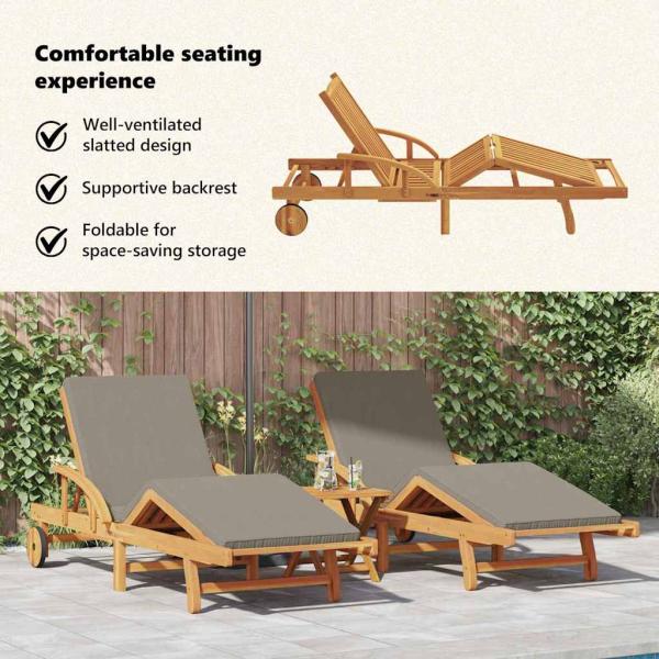 Sonnenliegen 2 Stück mit Kissen und Tisch Taupe Massivholz Akazie, Klapp-Sonnenliege mit Rädern & Kissen Taupe Massivholz Akazie