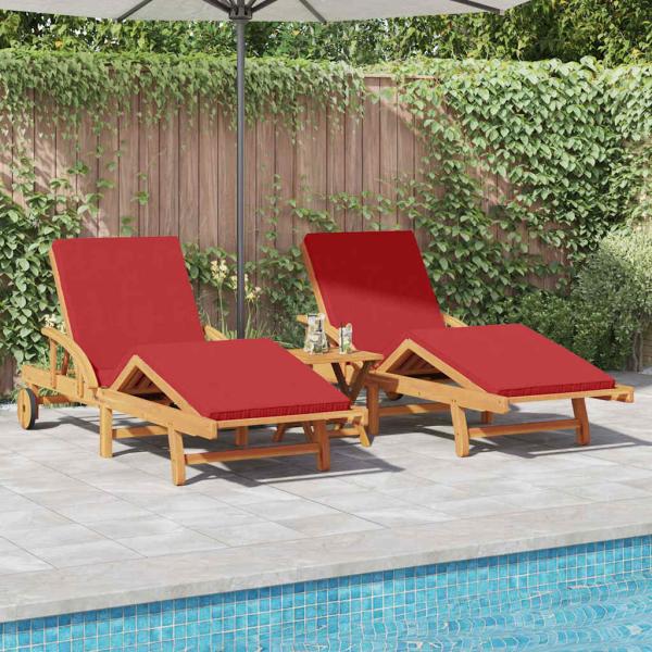 ARDEBO.de - Sonnenliegen Set (2 Stück) mit Kissen und Tisch, rotes Akazienholz, faltbare Sonnenliege mit Rädern & Kissen, rotes Akazienholz