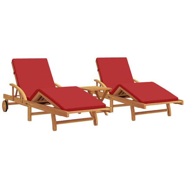 Sonnenliegen Set (2 Stück) mit Kissen und Tisch, rotes Akazienholz, faltbare Sonnenliege mit Rädern & Kissen, rotes Akazienholz