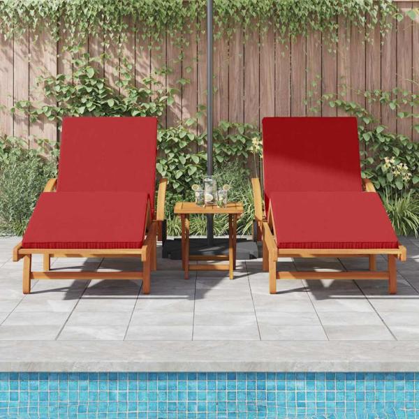 Sonnenliegen Set (2 Stück) mit Kissen und Tisch, rotes Akazienholz, faltbare Sonnenliege mit Rädern & Kissen, rotes Akazienholz