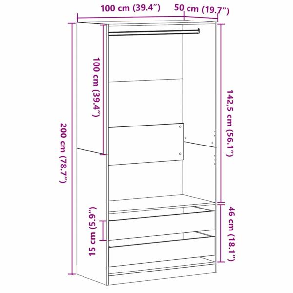 Kleiderschrank in Schwarz und Eiche, 100x50x200 cm, aus Holzwerkstoff