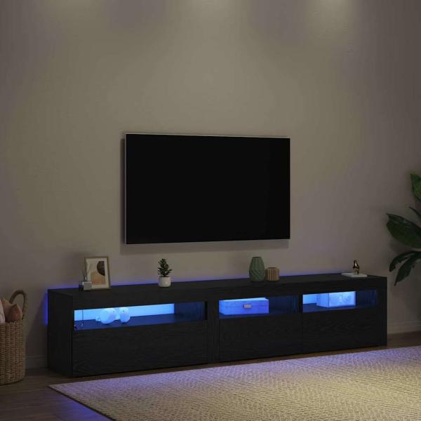 TV-Schränke 2 Stück mit LED-Lichtern aus schwarzem Holzwerkstoff, TV-Ständer mit LED-Lichtern - Schwarzes Holz - 195 x 35 x 40 cm - Hergestellt aus Holzwerkstoff