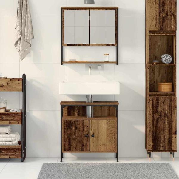 Badezimmer-Sinkschrank mit integriertem Becken aus altem Holz und Holzwerkstoff