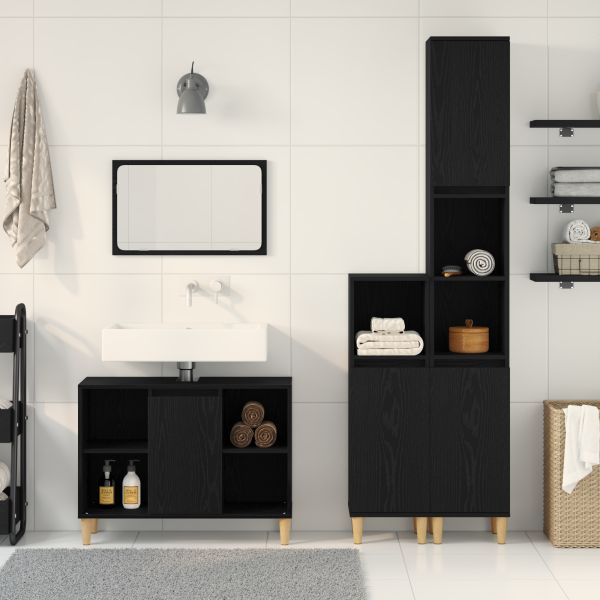 3-teiliges Badezimmermöbel Set schwarze Eiche Holzwerkstoff, Badschrank schwarze Eiche 30x30x190 cm Holzwerkstoff, Badschrank schwarze Eiche 30x30x100 cm Holzwerkstoff