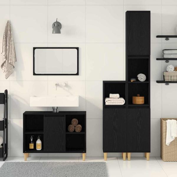 3-teiliges Badezimmermöbel Set schwarze Eiche Holzwerkstoff, Badschrank schwarze Eiche 30x30x190 cm Holzwerkstoff, Badschrank schwarze Eiche 30x30x100 cm Holzwerkstoff