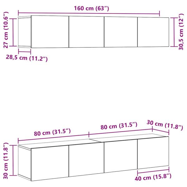 4-teiliges TV-Schranksystem zur Wandmontage in Schwarz und Eiche aus Holzwerkstoff