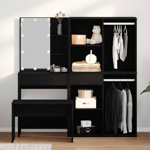 ARDEBO.de - Schminktischset mit LED in Schwarz Eiche aus Holzwerkstoff, LED Schminktisch in Schwarz Eiche, 60x40x140 cm, aus Holzwerkstoff, Kosmetikschrank in Schwarz Eiche, 80x40x75 cm, aus Holzwerkstoff, Kosmetikschrank in Schwarz Eiche - 80x40x65 cm, a