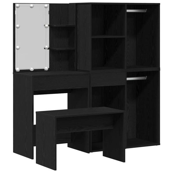 Schminktischset mit LED in Schwarz Eiche aus Holzwerkstoff, LED Schminktisch in Schwarz Eiche, 60x40x140 cm, aus Holzwerkstoff, Kosmetikschrank in Schwarz Eiche, 80x40x75 cm, aus Holzwerkstoff, Kosmetikschrank in Schwarz Eiche - 80x40x65 cm, aus Holzwerks