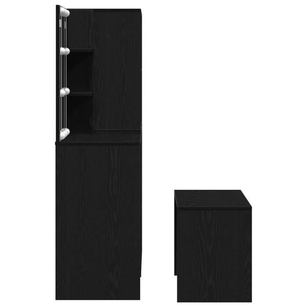 Schminktischset mit LED in Schwarz Eiche aus Holzwerkstoff, LED Schminktisch in Schwarz Eiche, 60x40x140 cm, aus Holzwerkstoff, Kosmetikschrank in Schwarz Eiche, 80x40x75 cm, aus Holzwerkstoff, Kosmetikschrank in Schwarz Eiche - 80x40x65 cm, aus Holzwerks