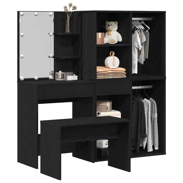 Schminktischset mit LED in Schwarz Eiche aus Holzwerkstoff, LED Schminktisch in Schwarz Eiche, 60x40x140 cm, aus Holzwerkstoff, Kosmetikschrank in Schwarz Eiche, 80x40x75 cm, aus Holzwerkstoff, Kosmetikschrank in Schwarz Eiche - 80x40x65 cm, aus Holzwerks