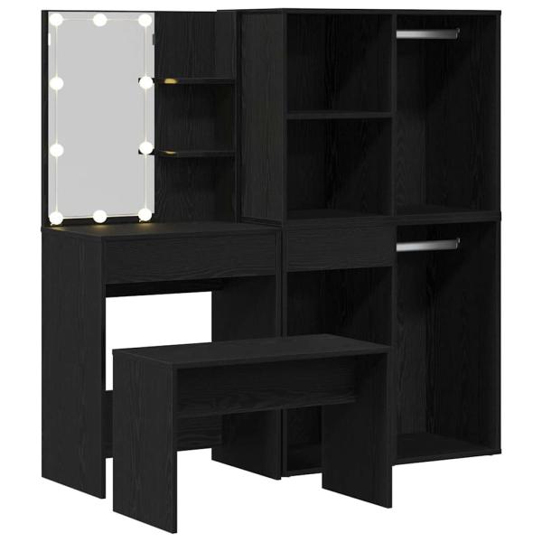Schminktischset mit LED in Schwarz Eiche aus Holzwerkstoff, LED Schminktisch in Schwarz Eiche, 60x40x140 cm, aus Holzwerkstoff, Kosmetikschrank in Schwarz Eiche, 80x40x75 cm, aus Holzwerkstoff, Kosmetikschrank in Schwarz Eiche - 80x40x65 cm, aus Holzwerks