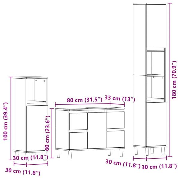 3-teiliges Badezimmermöbel Set Schwarze Eiche Holzwerkstoff