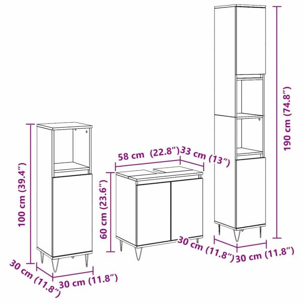 3-teiliges Badezimmermöbelset Schwarze Eiche Holzwerkstoff