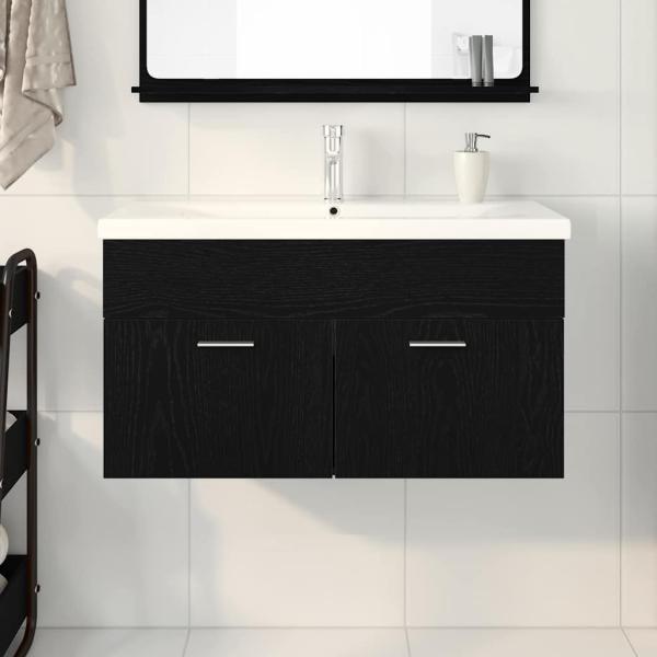 Badezimmer Waschbecken Schrank mit eingebautem Waschbecken Schwarz Eiche Holzwerkstoff
