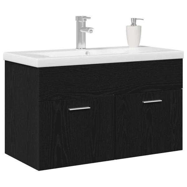 Waschbeckenunterschrank mit eingebautem Waschbecken Schwarz Eiche Holzwerkstoff