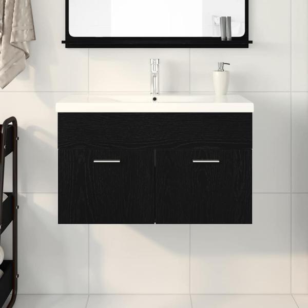 Waschbeckenunterschrank mit eingebautem Waschbecken Schwarz Eiche Holzwerkstoff