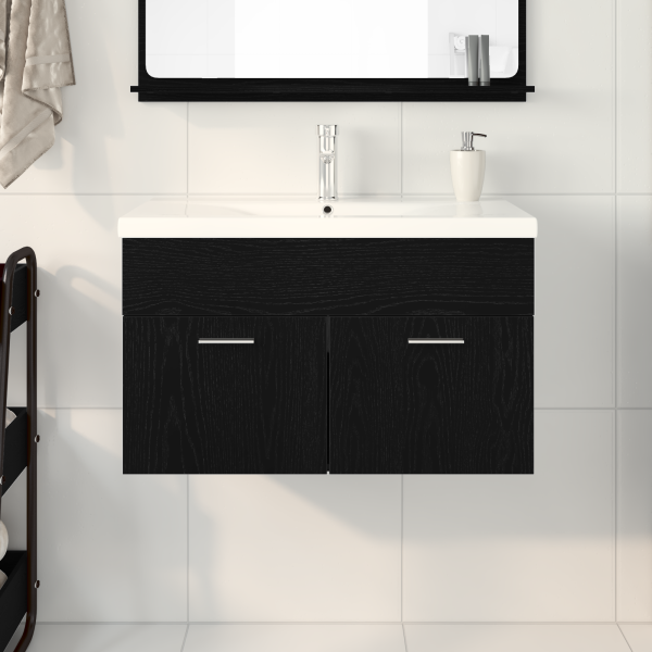 Waschbeckenunterschrank mit eingebautem Waschbecken Schwarz Eiche Holzwerkstoff