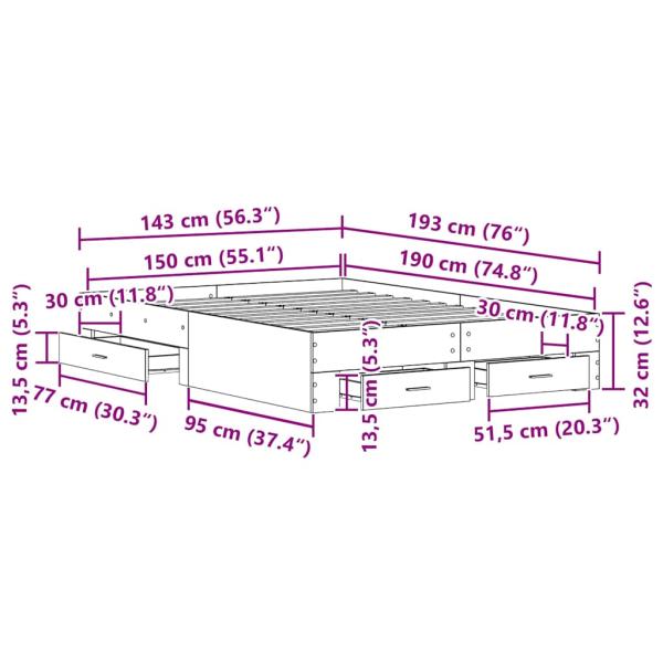 Bettgestell mit Schubladen Eiche Holzwerkstoff 140 x 190 cm
