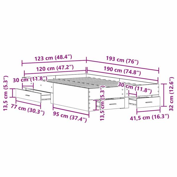 Bett mit Schubladen Altholz 120x190 cm Holzwerkstoff