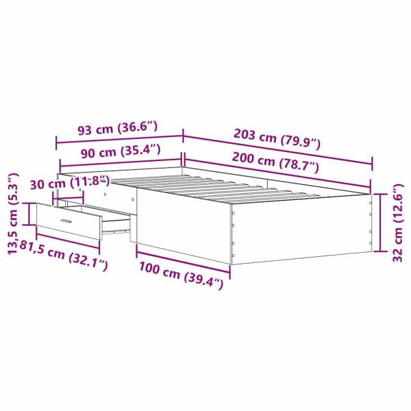 Bettgestell Schwarz Eiche 90x200 cm Holzwerkstoff