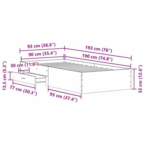 Bettgestell Schwarz Eiche 90x190 cm aus Holzwerkstoff