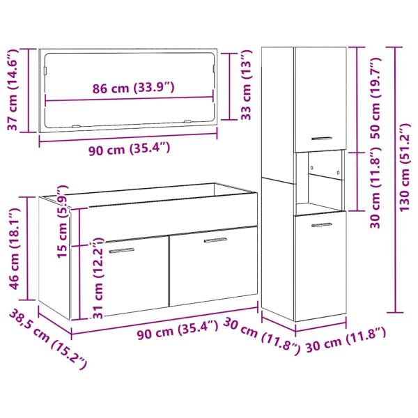 3-teiliges Badezimmermöbel Set Schwarz Eiche - Hergestellt aus hochwertigem Holzwerkstoff