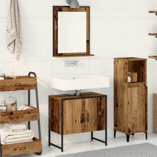 ARDEBO.de - 2-teiliger Badschrank-Set aus Altholz und Holzwerkstoff