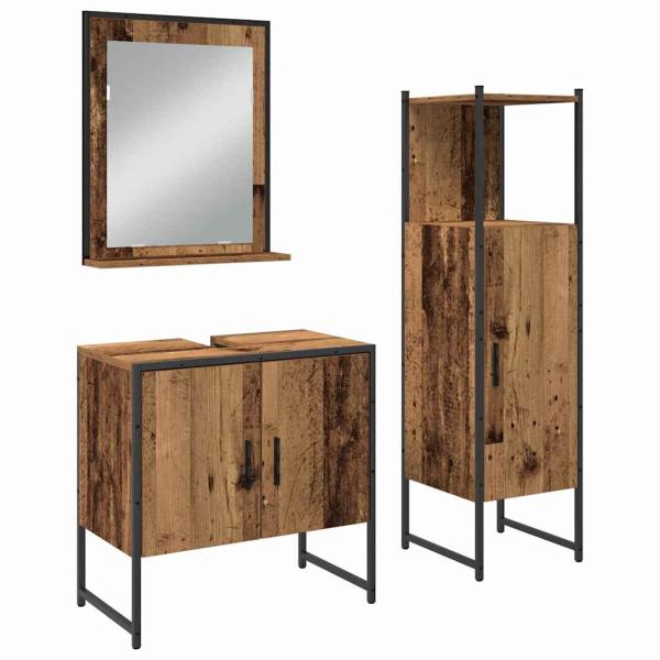 3-teiliges Badezimmer-Schrankset aus altem Holz und engineered Wood