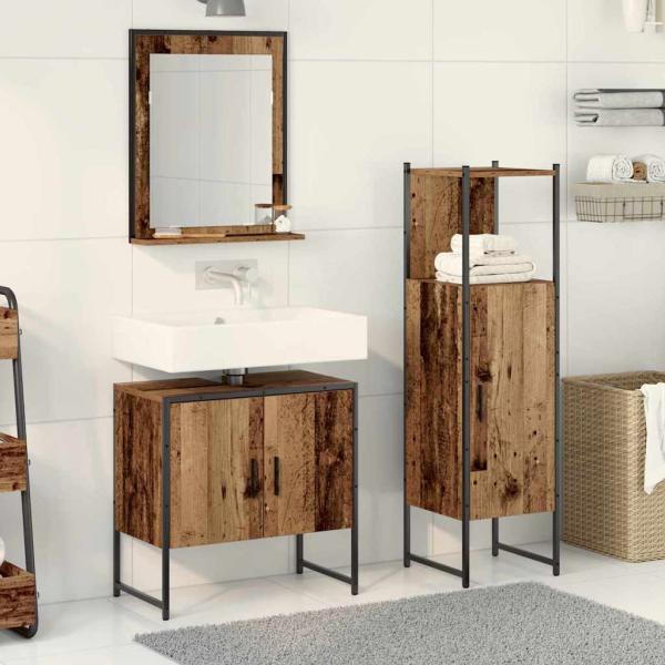 3-teiliges Badezimmer-Schrankset aus altem Holz und engineered Wood