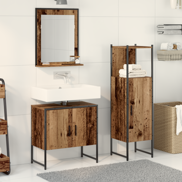 3-teiliges Badezimmer-Schrankset aus altem Holz und engineered Wood