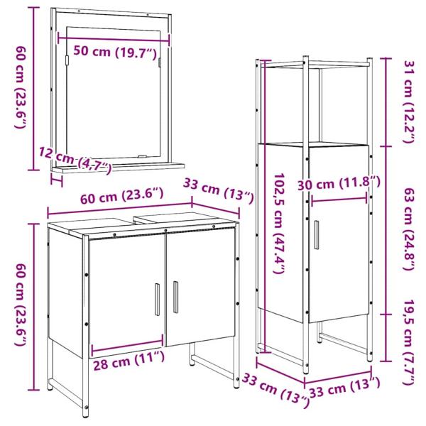 3-teiliges Badezimmer-Schrankset aus altem Holz und engineered Wood