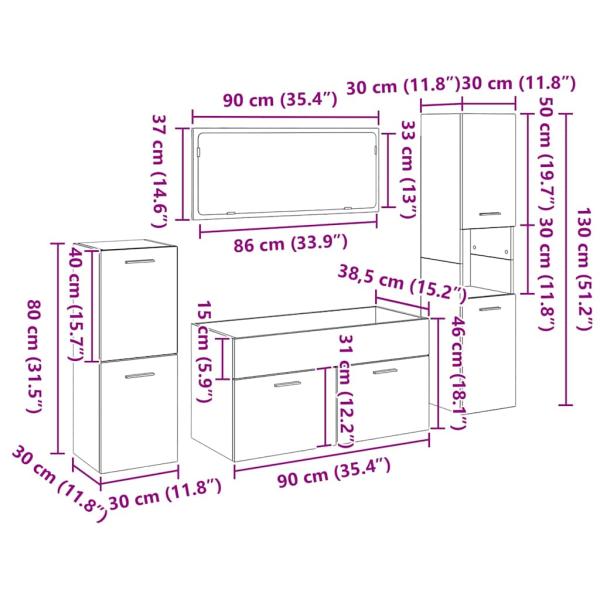 4-teiliges Badmöbel Set Schwarze Eiche Ingenieurn Holz