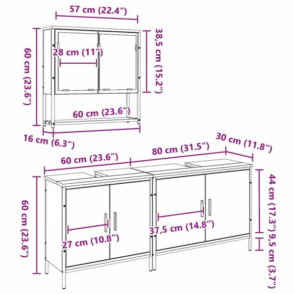 3-teiliges Badezimmermöbelset aus Altholz, beschichtete Spanplatte