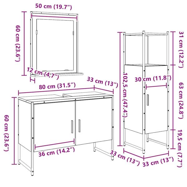 3-teilige Badezimmermöbel set aus altem Holz und engineered Holz