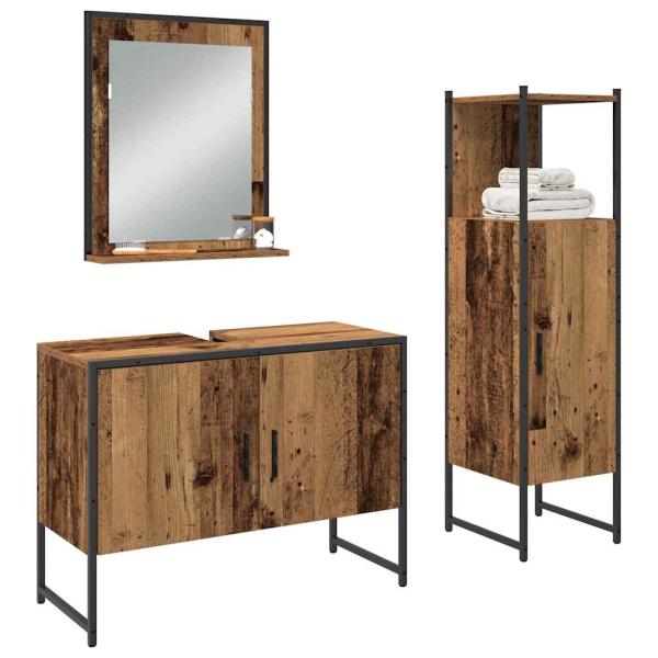 3-teilige Badezimmermöbel set aus altem Holz und engineered Holz