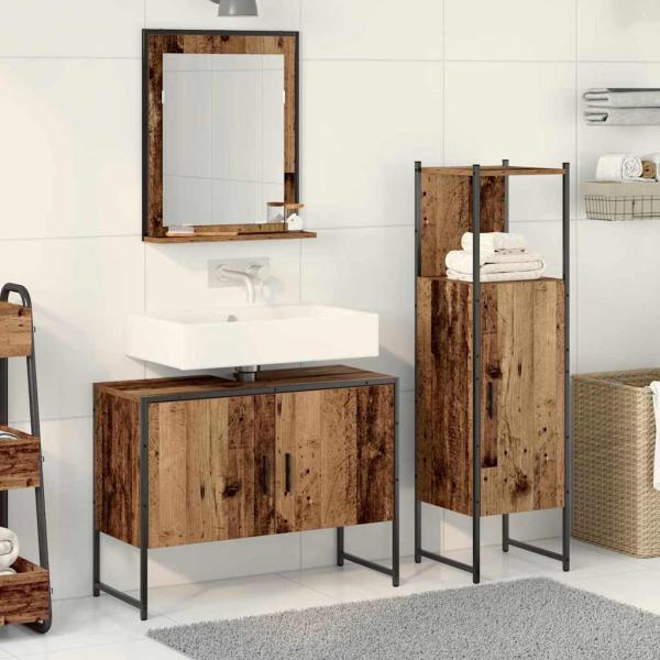 3-teilige Badezimmermöbel set aus altem Holz und engineered Holz
