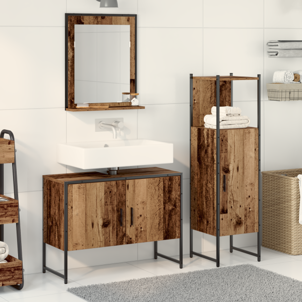 3-teilige Badezimmermöbel set aus altem Holz und engineered Holz