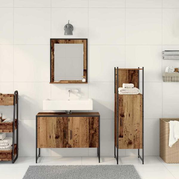 3-teilige Badezimmermöbel set aus altem Holz und engineered Holz