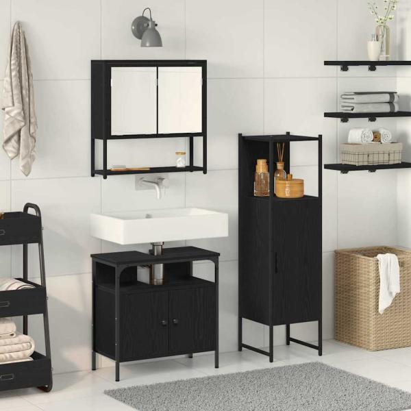 3-teiliges Badezimmermöbel-Set Schwarz-Eiche Holzwerkstoff