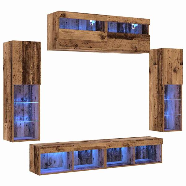 8 Stück TV-Wandeinheiten mit LED Altholz Engineered Wood