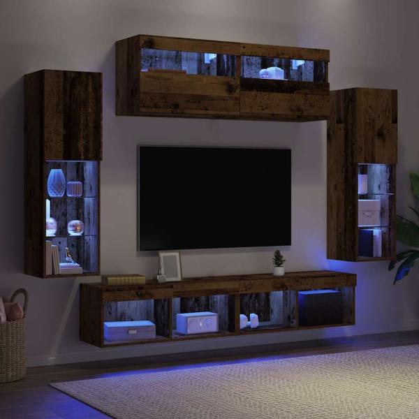 8 Stück TV-Wandeinheiten mit LED Altholz Engineered Wood