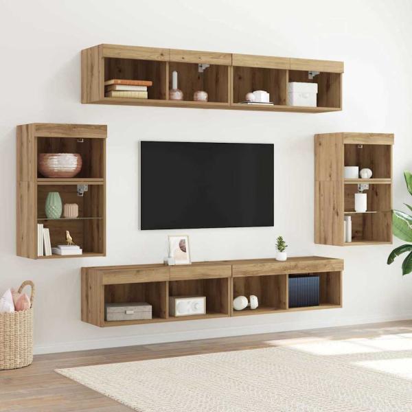 ARDEBO.de - 8-teilige TV-Wandkonsole mit LED Artisan Eiche Holzwerkstoff