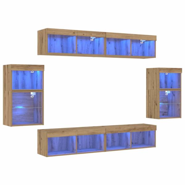 8-teilige TV-Wandkonsole mit LED Artisan Eiche Holzwerkstoff